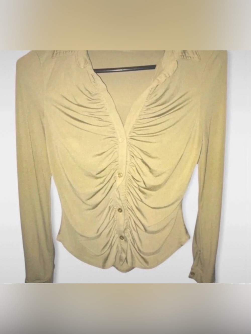 Timing Ruched Button-Front Long-Sleeve Top in Light green